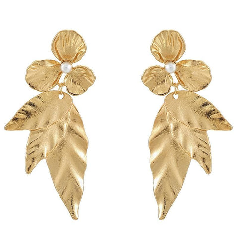 Bohemian 18k Gold Plated Pearl Flower Leaf Earring