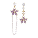 Needle Asymmetric Pearl Flower Tassel Earrings