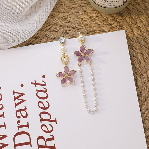 Needle Asymmetric Pearl Flower Tassel Earrings